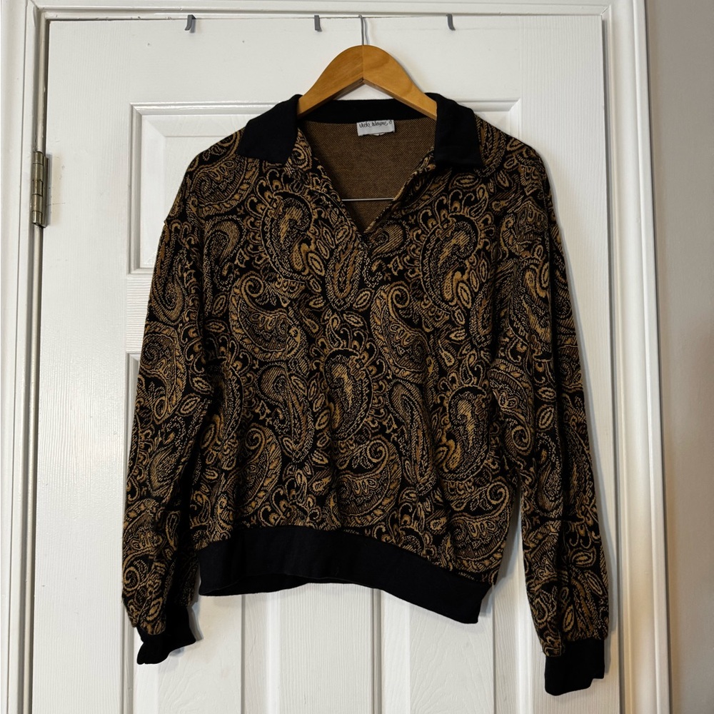 Vintage 80s/90s Vicki Wayne Paisley V-Neck Collared Sweater Medium 0554